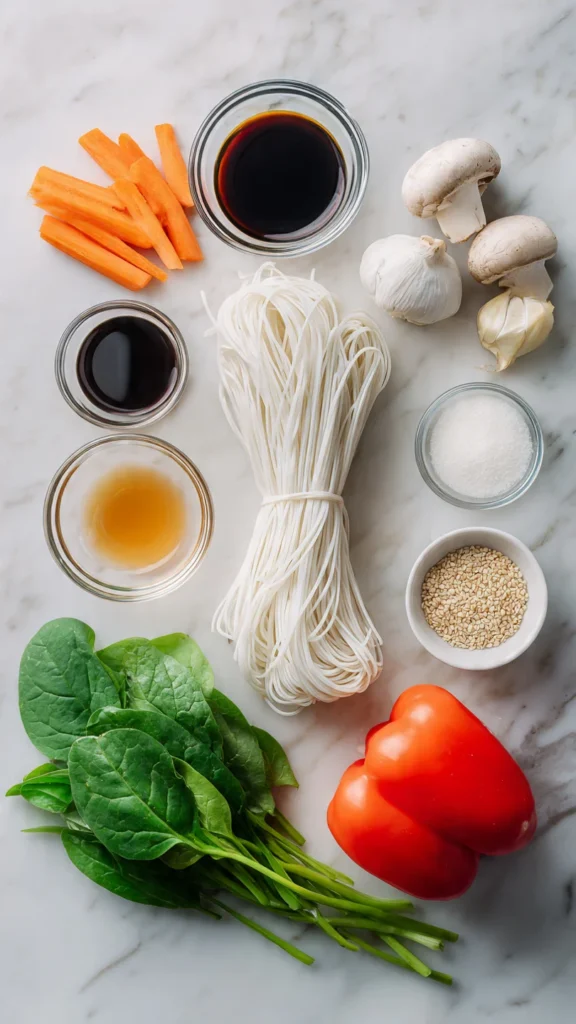 Sweet potato glass noodles (dangmyeon), fresh vegetables, sesame oil, and soy sauce for Korean japchae