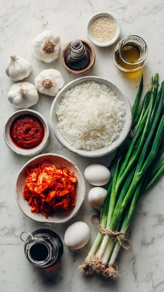 Ingredients for Korean kimchi fried rice including rice, kimchi, gochujang, scallions, garlic, and eggs