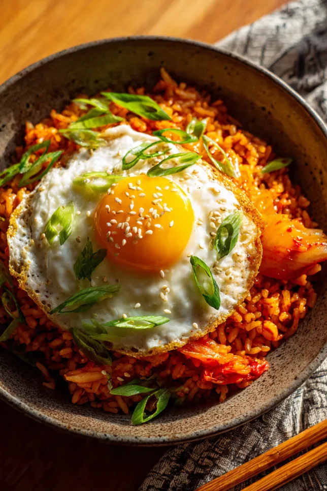 Bowl of spicy Korean kimchi fried rice topped with fried egg, scallions, and sesame seeds
