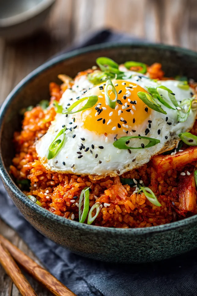 Bowl of spicy Korean kimchi fried rice topped with fried egg, scallions, and sesame seeds