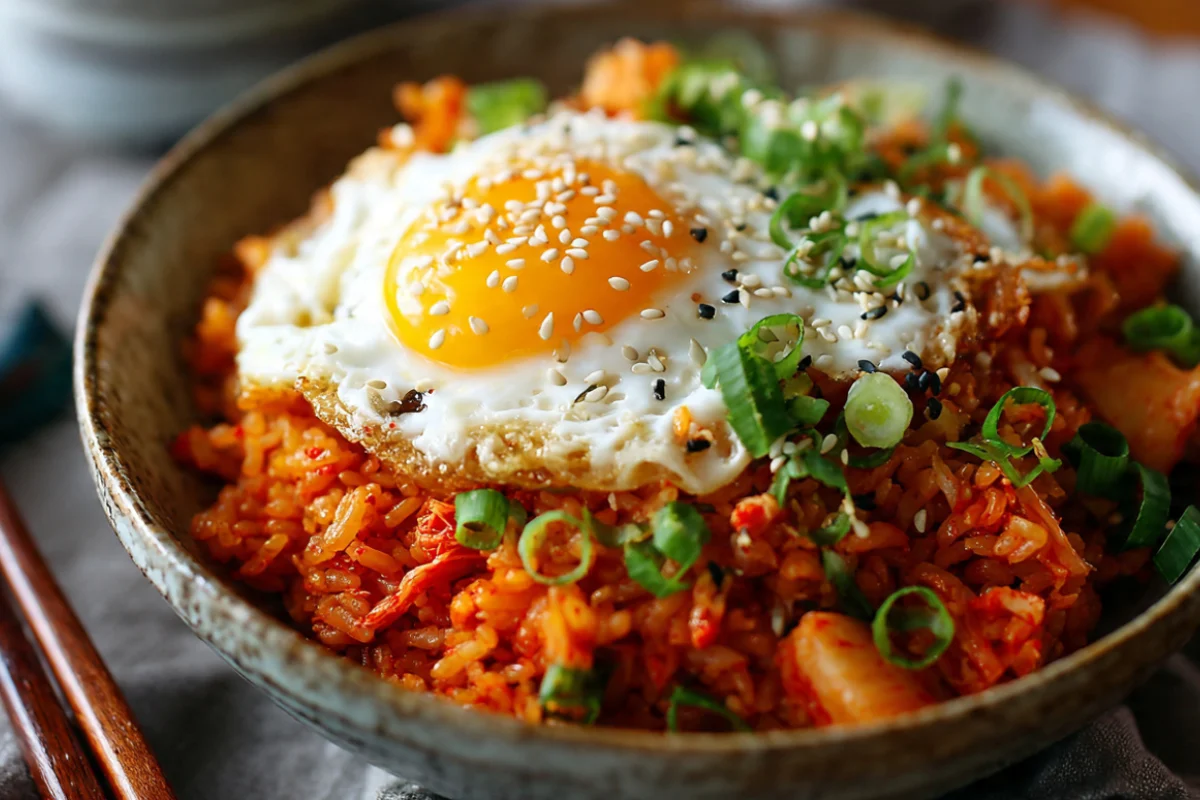 Bowl of spicy Korean kimchi fried rice topped with fried egg, scallions, and sesame seeds