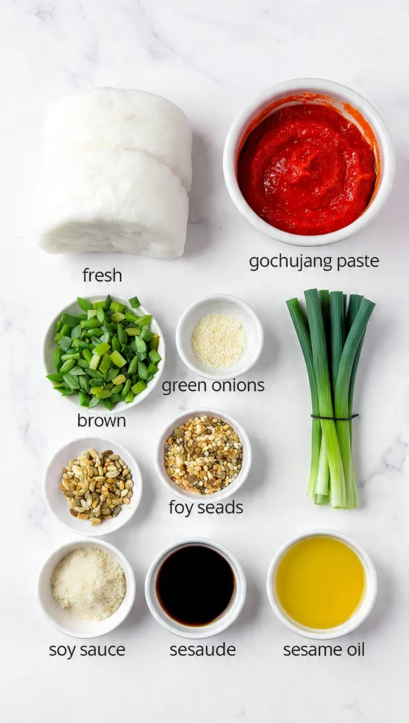 Korean tteokbokki ingredients including rice cakes, gochujang, and seasonings