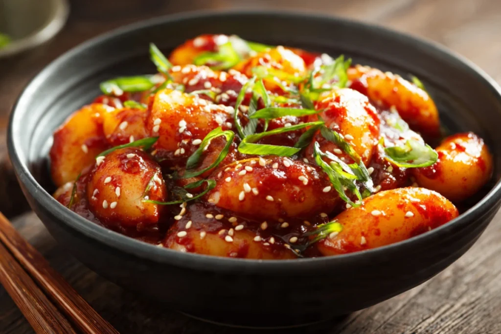 Bowl of Korean tteokbokki with chewy rice cakes in spicy gochujang sauce