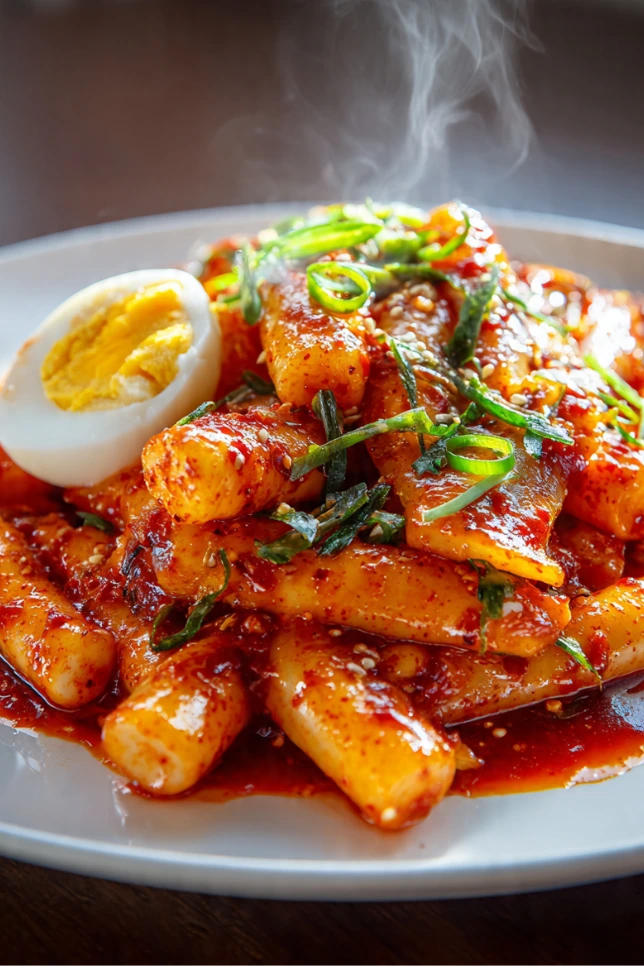 Bowl of Korean tteokbokki with chewy rice cakes in spicy gochujang sauce