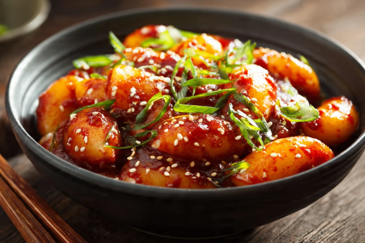 Bowl of Korean tteokbokki with chewy rice cakes in spicy gochujang sauce