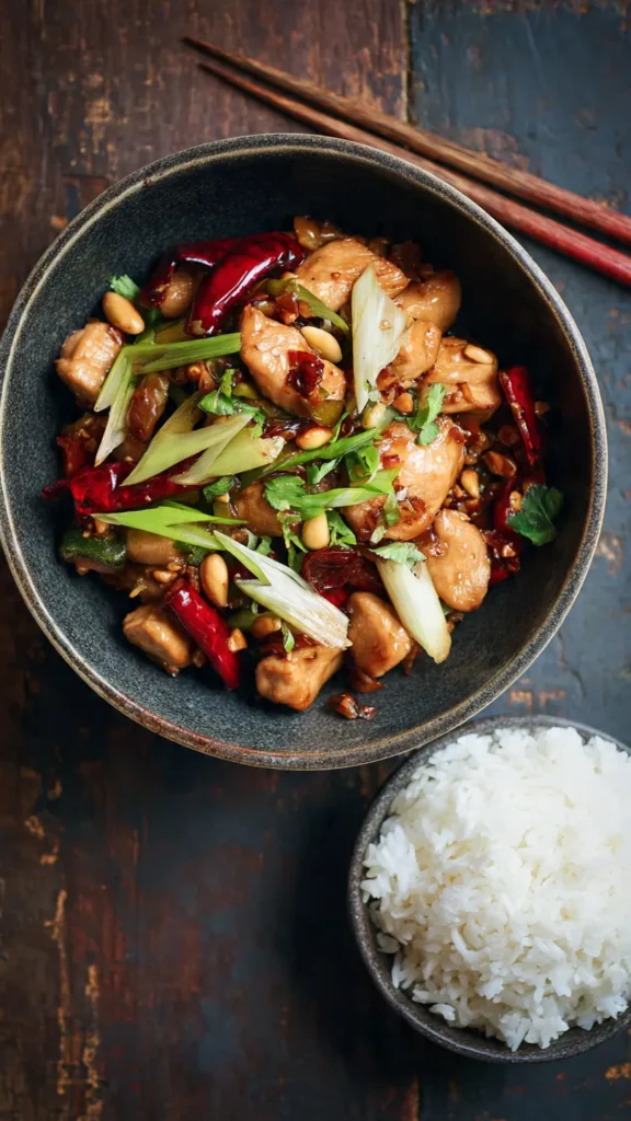 Kung Pao Chicken with peanuts, dried chilies, and bell peppers in a dark ceramic bowl on wooden table