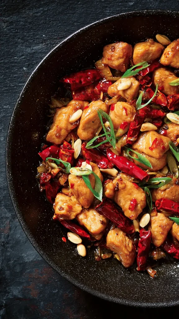 Kung Pao Chicken with peanuts, dried chilies, and bell peppers in a dark ceramic bowl on wooden table