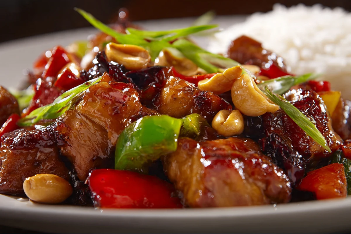 Kung Pao Chicken with peanuts, dried chilies, and bell peppers in a dark ceramic bowl on wooden table