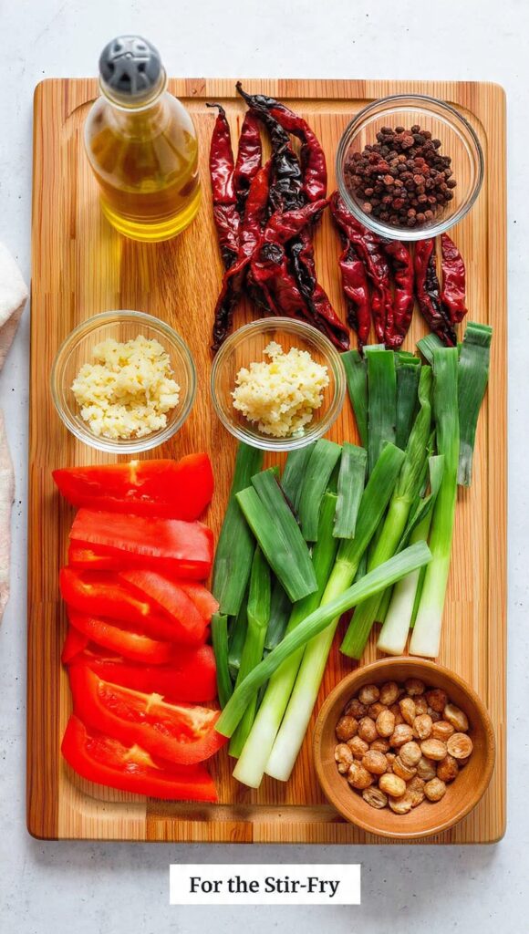 Organized layout of stir-fry ingredients including oil, chilies, peppercorns, aromatics, bell peppers, scallions, and peanuts
