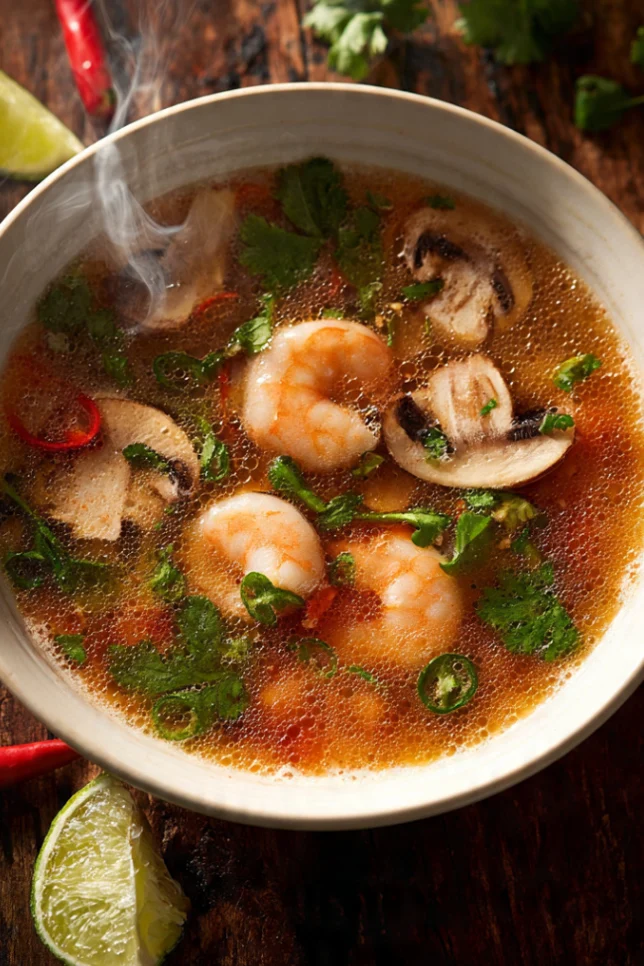 Bowl of authentic Thai tom yum soup with shrimp, mushrooms, and fresh herbs garnish