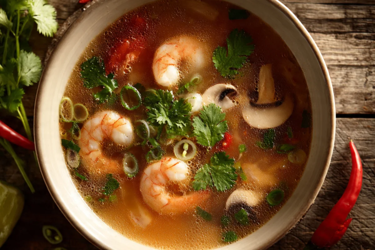 Bowl of authentic Thai tom yum soup with shrimp, mushrooms, and fresh herbs garnish