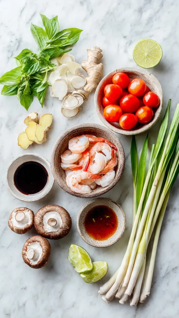 Fresh Thai ingredients for tom yum soup including lemongrass, galangal, lime leaves, and shrimp arranged on marble surface