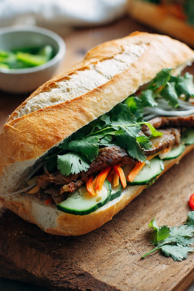 Vietnamese banh mi sandwich on wooden cutting board showing layers of grilled pork, orange pickled carrots and daikon, fresh cilantro, cucumber slices, and jalapeƱos in a crispy baguette