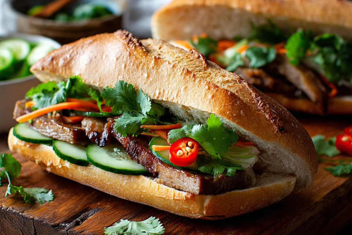 Vietnamese banh mi sandwich on wooden cutting board showing layers of grilled pork, orange pickled carrots and daikon, fresh cilantro, cucumber slices, and jalapeños in a crispy baguette