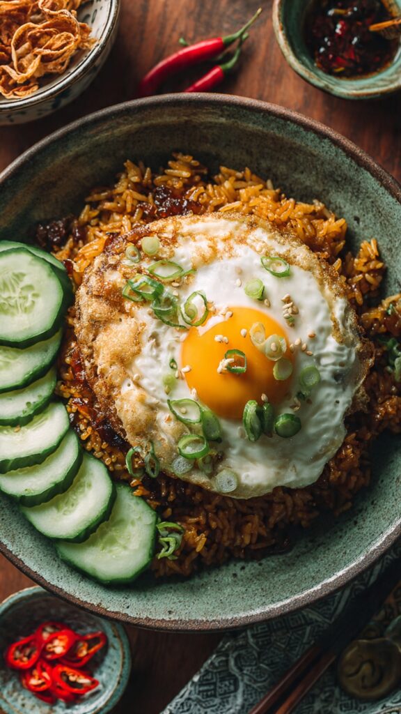 Indonesian nasi goreng topped with a crispy fried egg and green onions, served on a ceramic bowl