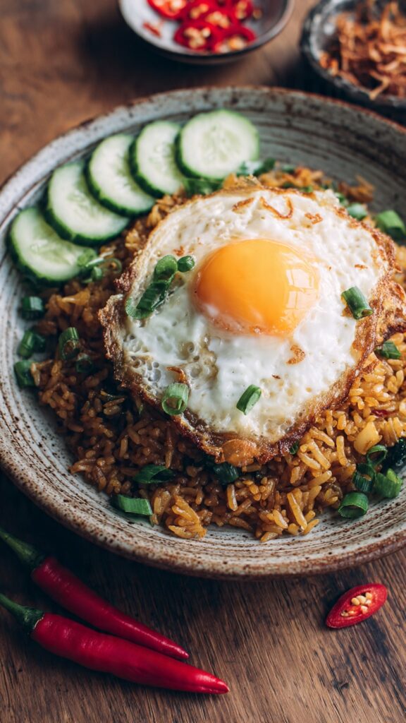 Indonesian nasi goreng topped with a crispy fried egg and green onions, served on a ceramic bowl