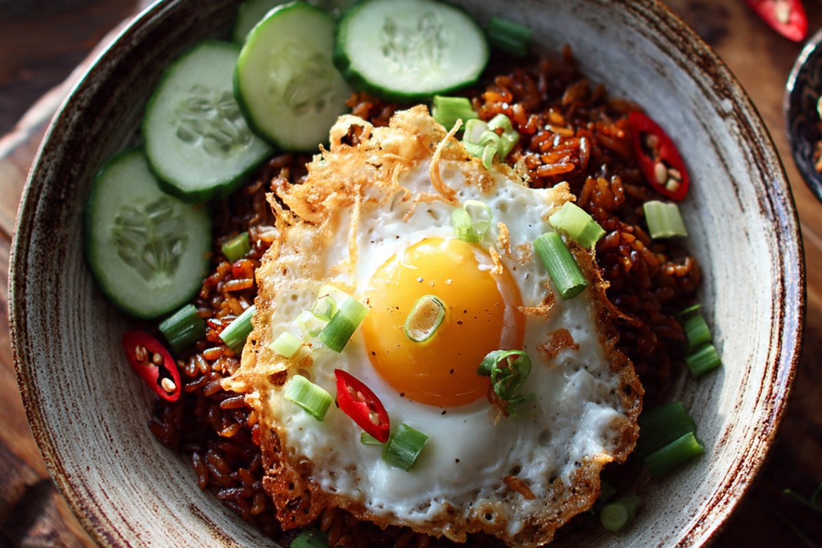 Indonesian nasi goreng topped with a crispy fried egg and green onions, served on a ceramic bowl