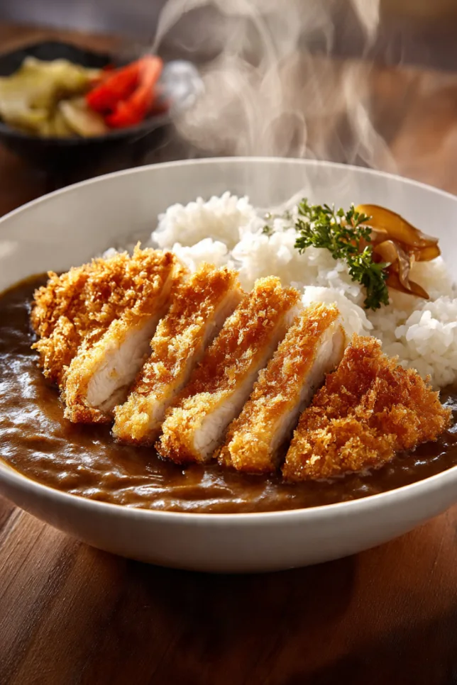 Japanese katsu curry with crispy breaded chicken cutlet on curry sauce and rice