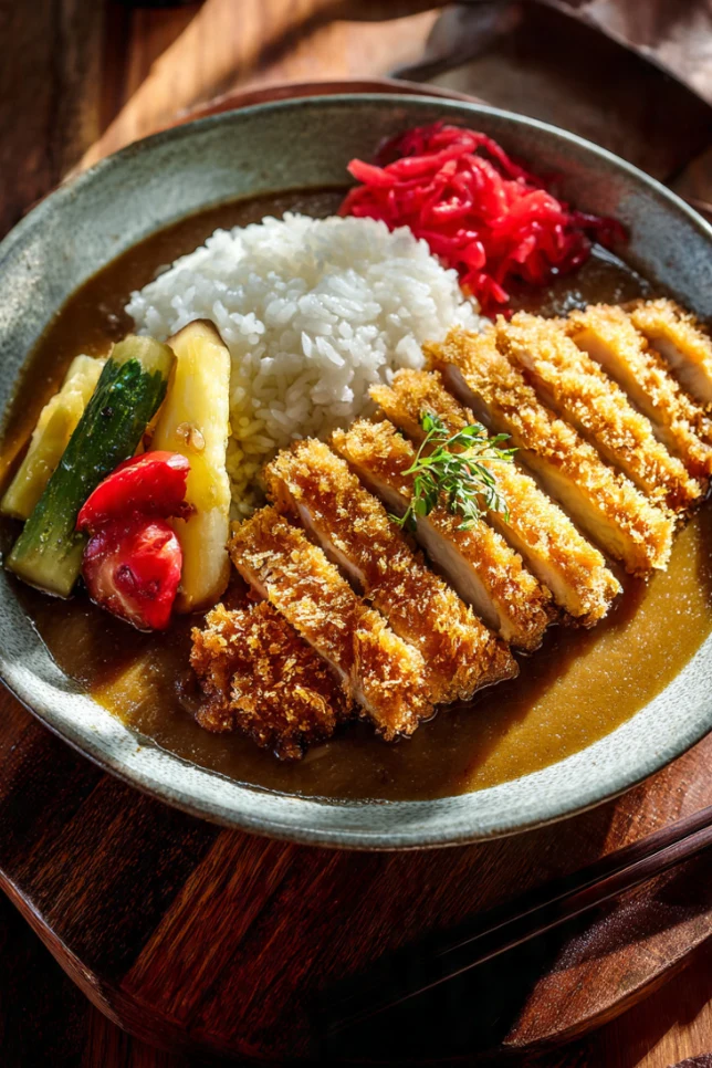 Japanese katsu curry with crispy breaded chicken cutlet on curry sauce and rice