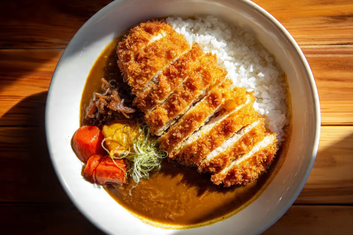 Japanese katsu curry with crispy breaded chicken cutlet on curry sauce and rice