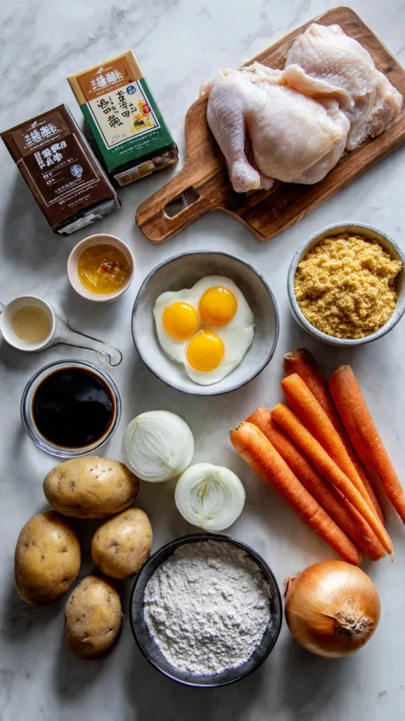 All ingredients for Japanese katsu curry arranged on counter top view