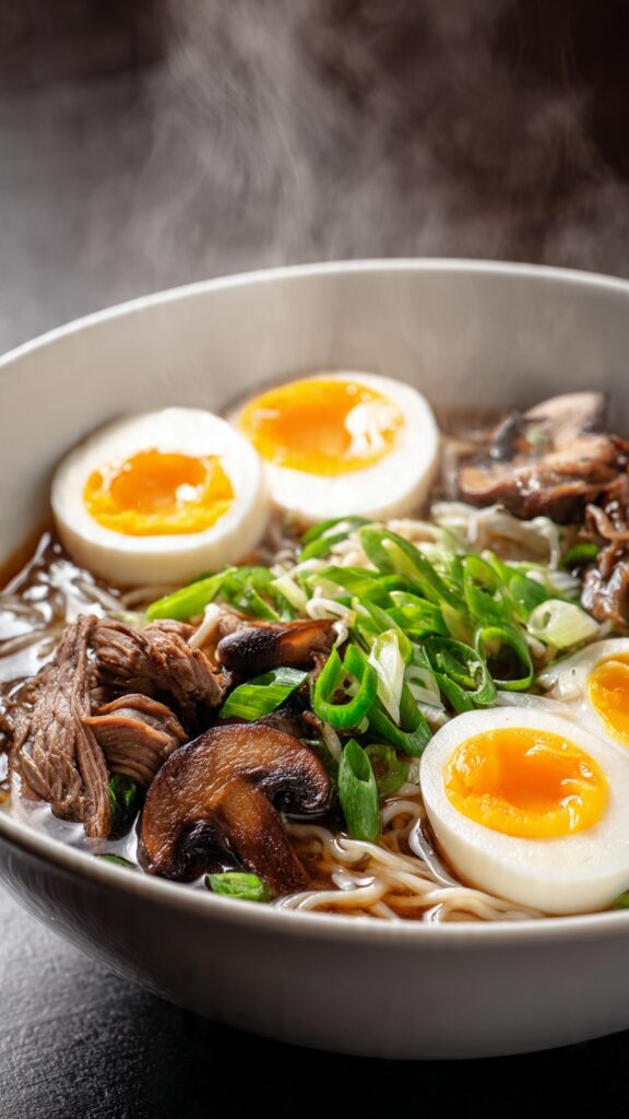 Japanese ramen bowl with tonkotsu broth, pork belly, marinated egg, and scallions