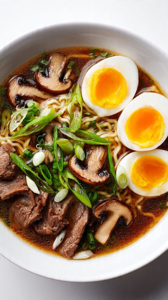 Japanese ramen bowl with tonkotsu broth, pork belly, marinated egg, and scallions