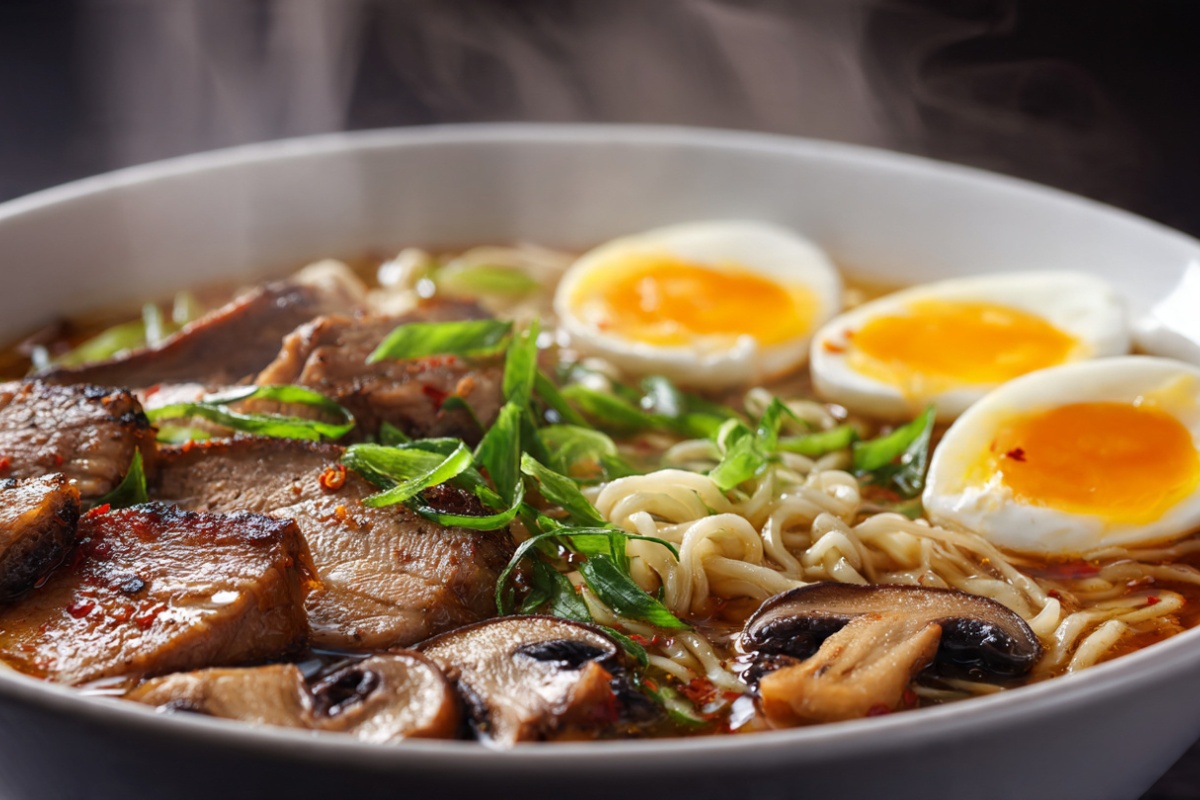 Japanese ramen bowl with tonkotsu broth, pork belly, marinated egg, and scallions