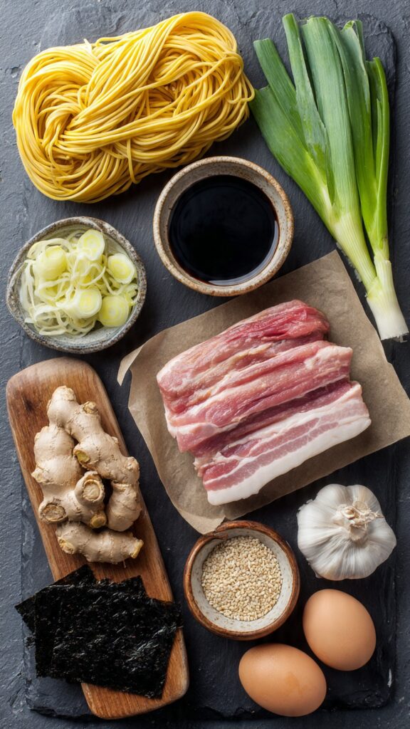 Fresh ingredients for homemade Japanese ramen including pork belly, noodles, eggs, and aromatics