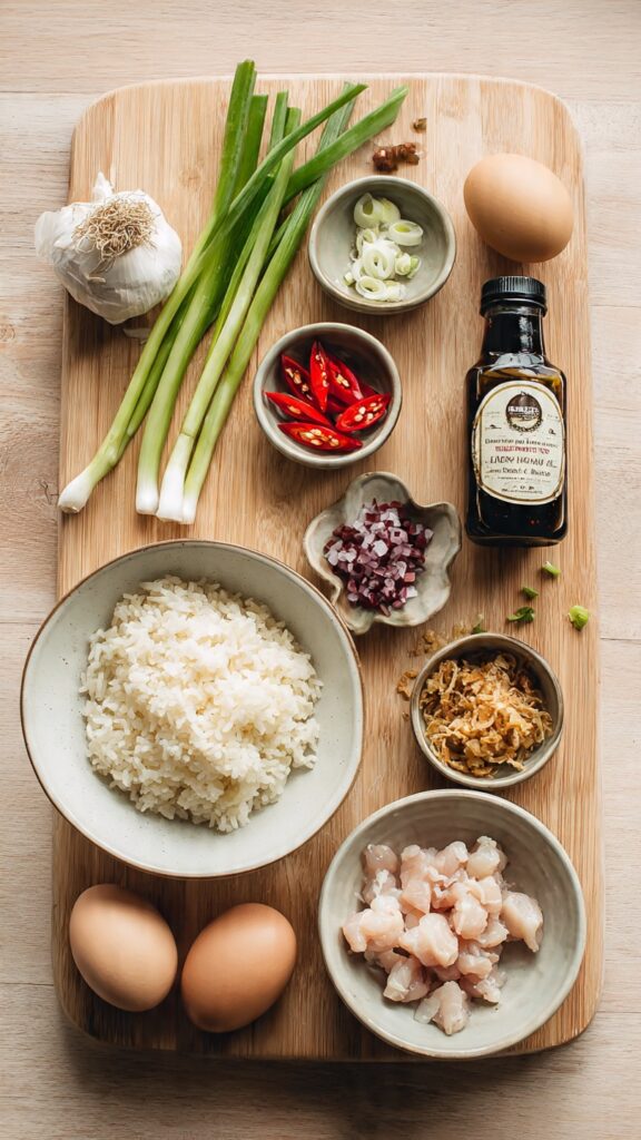 Fresh ingredients for Indonesian nasi goreng including rice, kecap manis, and aromatics on a wooden board