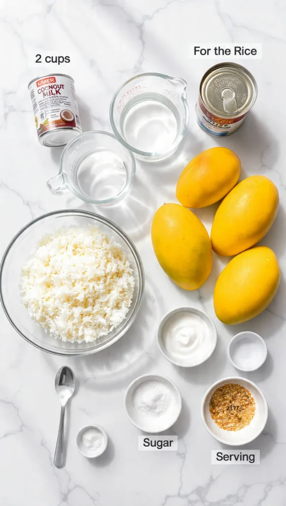 All ingredients for Thai mango sticky rice recipe including sticky rice, coconut milk, mangoes, sugar, salt, and sesame seeds arranged on white surface