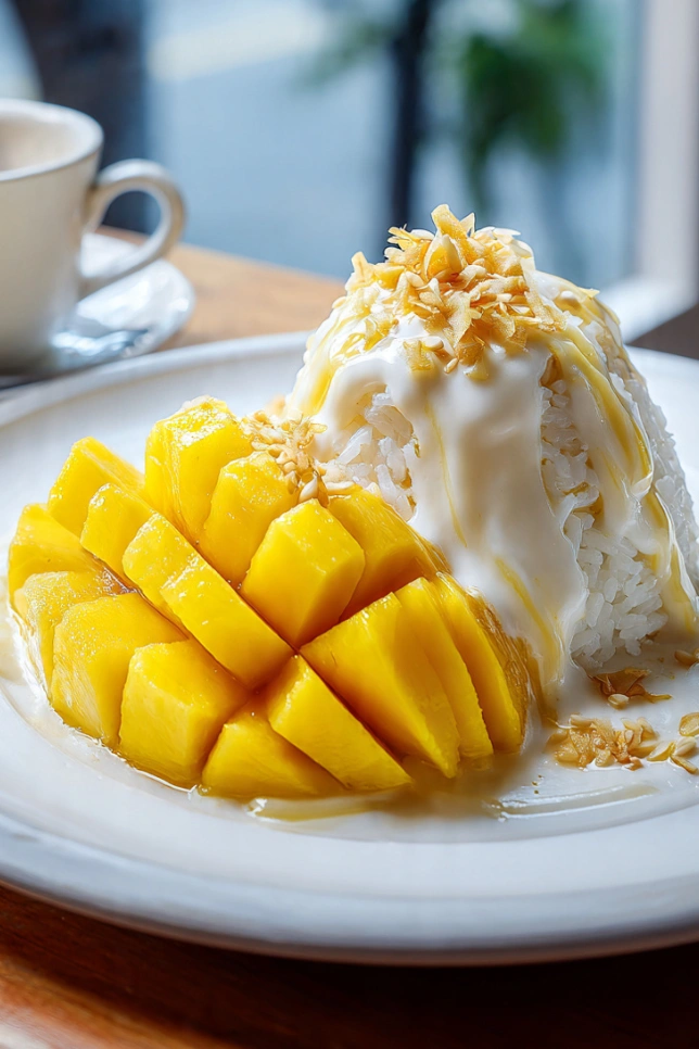Bowl of Thai mango sticky rice with fresh sliced mango, coconut cream drizzle, and sesame seeds on white plate