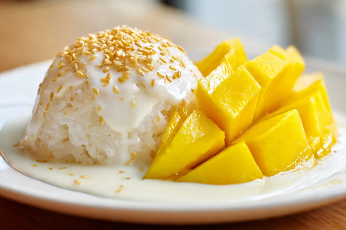 Bowl of Thai mango sticky rice with fresh sliced mango, coconut cream drizzle, and sesame seeds on white plate
