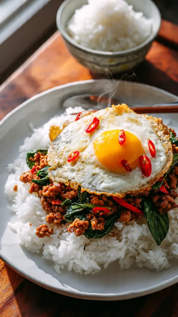 Thai Pad Kra Pao with crispy fried egg served over jasmine rice