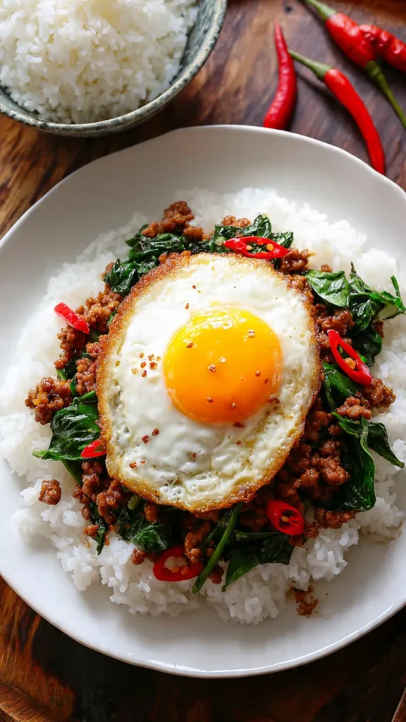 Thai Pad Kra Pao with crispy fried egg served over jasmine rice