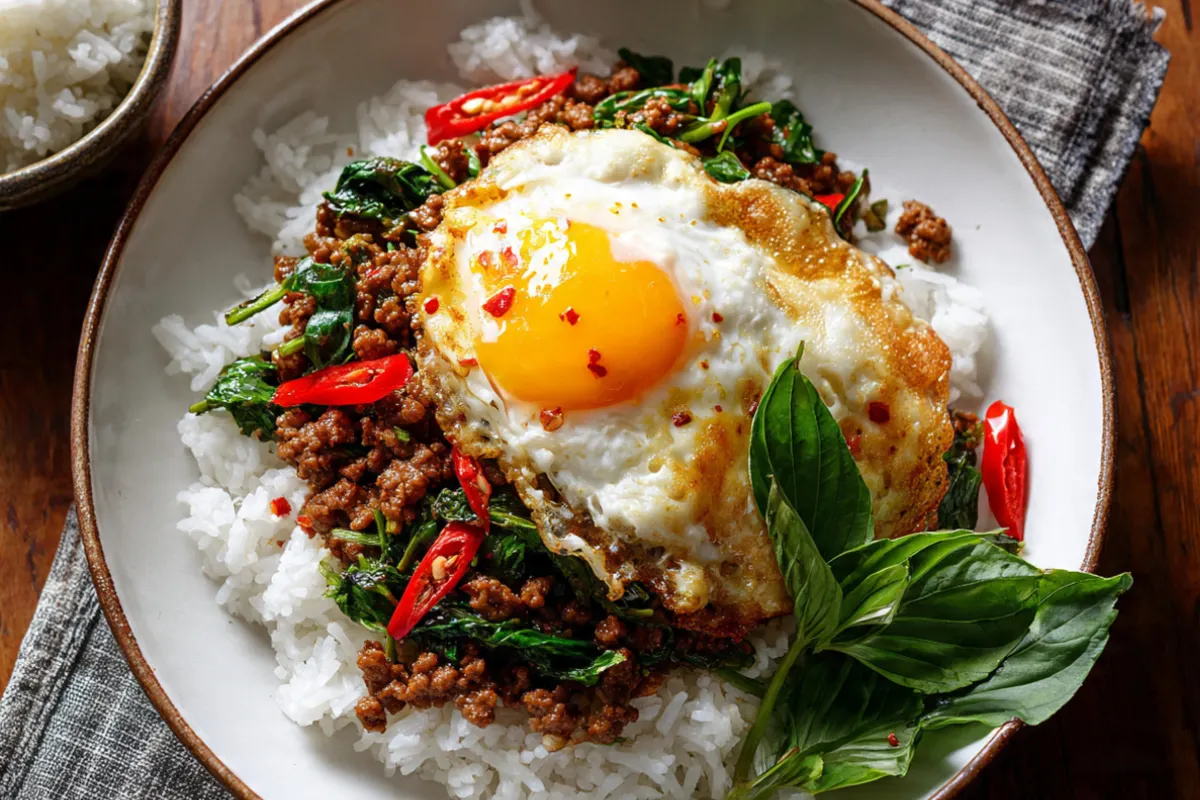 Thai Pad Kra Pao with crispy fried egg served over jasmine rice