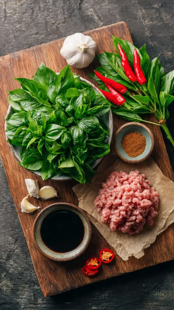 Fresh ingredients for Thai Pad Kra Pao including holy basil, Thai chilies, ground pork, and garlic