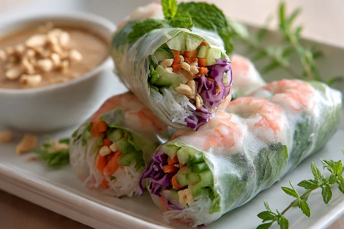 Fresh Vietnamese spring rolls on white plate with herbs, shrimp visible through rice paper