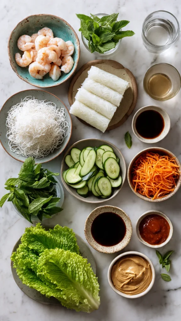Vietnamese spring roll ingredients arranged: rice papers, shrimp, herbs, vegetables, noodles