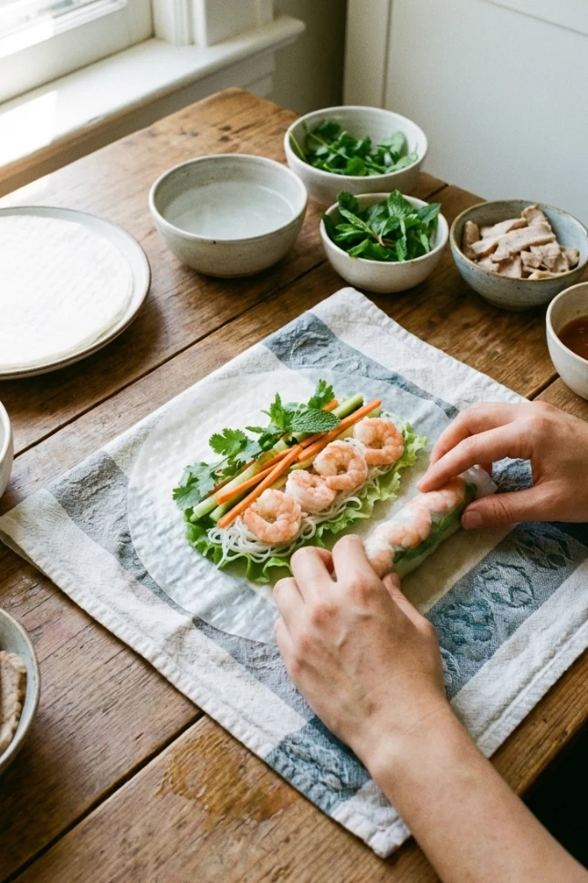 Hands assembling Vietnamese spring roll with lettuce, herbs and shrimp on rice paper