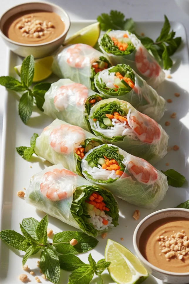 Vietnamese spring rolls arranged on serving platter with individual bowls of peanut sauce
